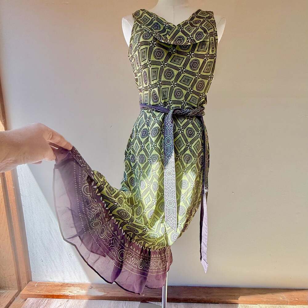 100% Silk Vintage Y2K Green Purple Geometric Print Sleeveless Midi Dress